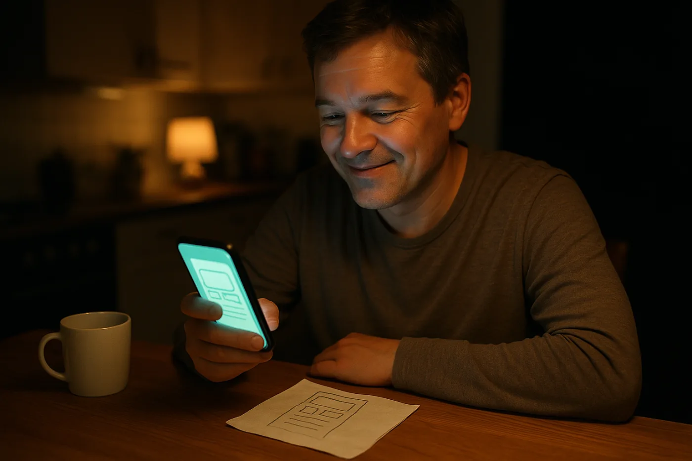 Someone at a kitchen table smiling at an app on their phone, next to the napkin sketch it started as.