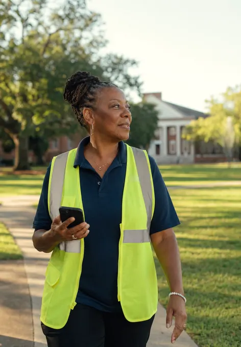 A campus facilities lead in a hi-vis vest walking the quad in morning light, phone at chest height