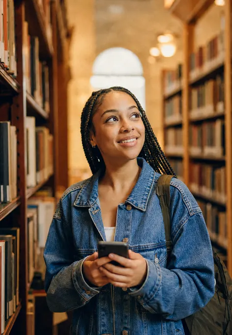 A student between library shelves looking up with a small delighted smile, phone in hand