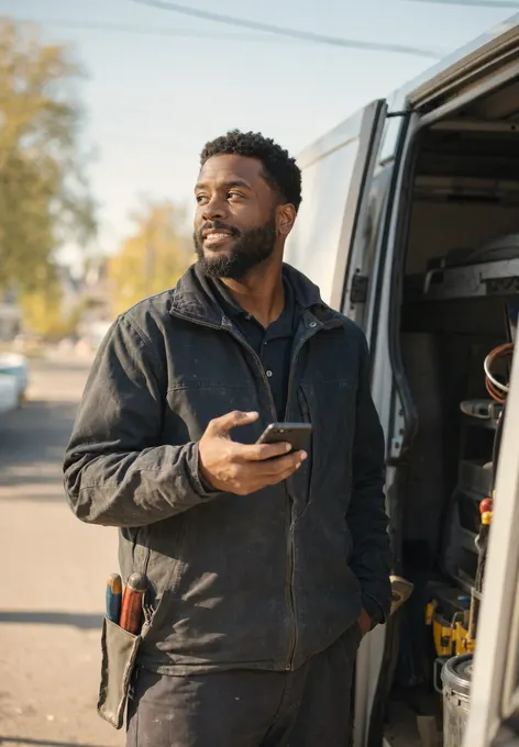 A field technician at the open door of a service van, phone in hand, looking off down the street