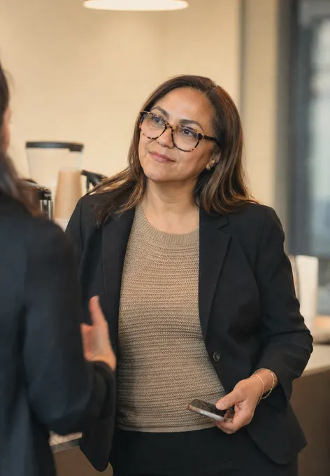 An HR partner listening attentively beside a break-room counter, phone resting in one hand