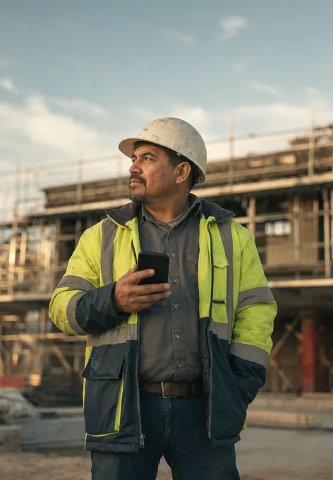 A building inspector in a hard hat on a site, phone in hand, looking across at the structure