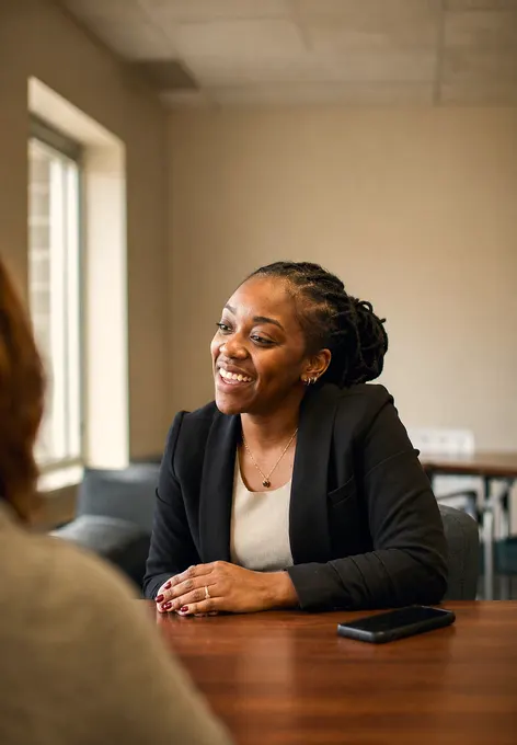 A county caseworker laughing gently in conversation with a resident across a table