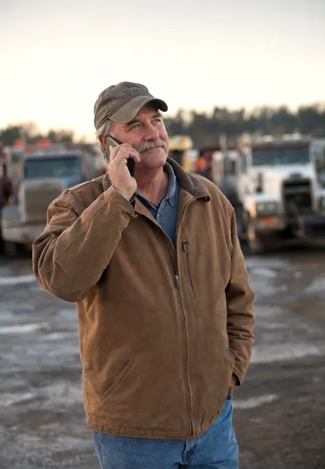 A fleet supervisor in a vehicle yard on a call, half-smiling, trucks behind him