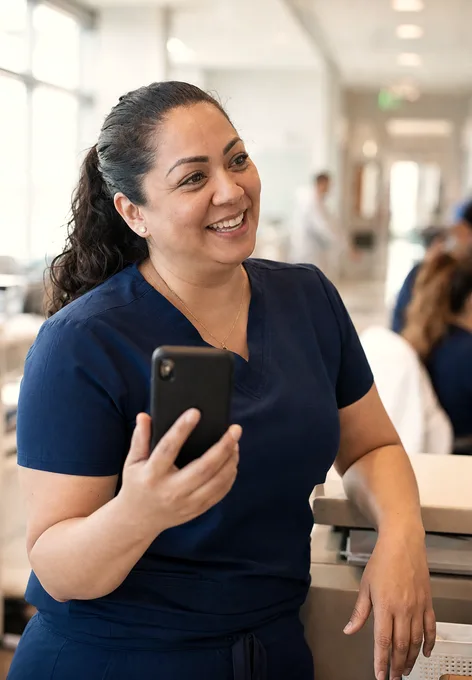 A charge nurse in navy scrubs laughing mid-conversation at the nurses’ station, phone in hand