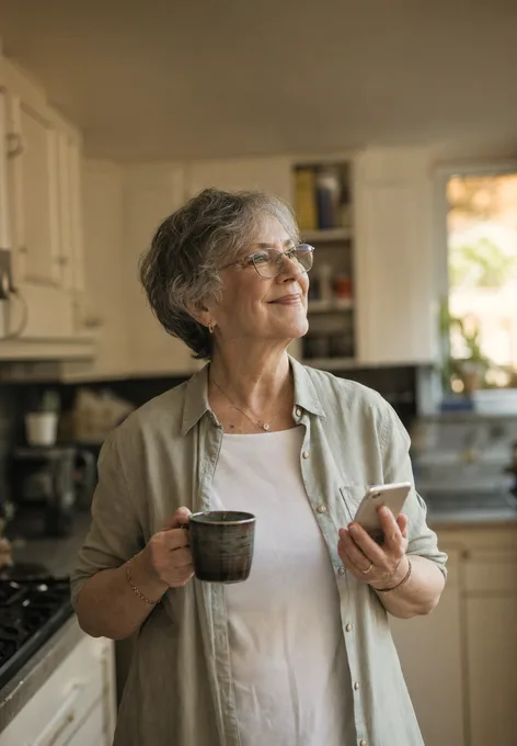 A woman in her seventies in her kitchen at home, mug in one hand and her phone in the other