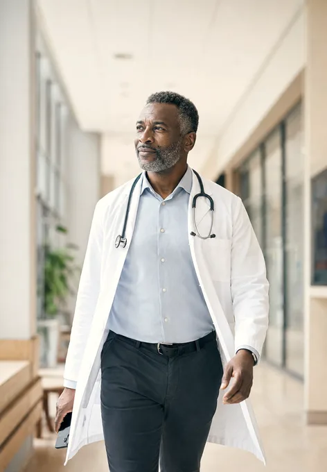 A physician in a white coat walking a clinic corridor, phone in his lowered hand