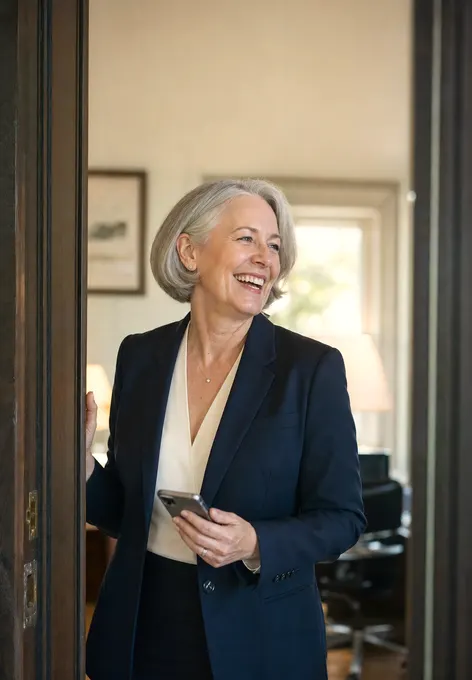 A managing partner laughing in her office doorway, phone in hand