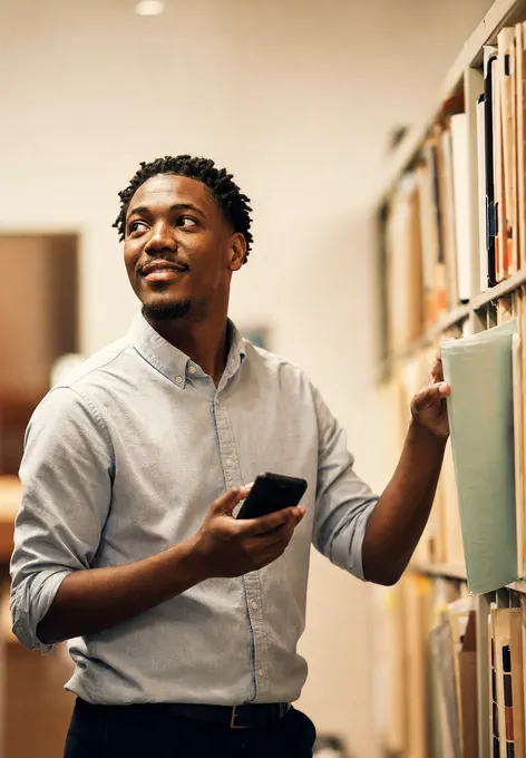A practice assistant at a wall of files pulling a folder out, phone in his other hand