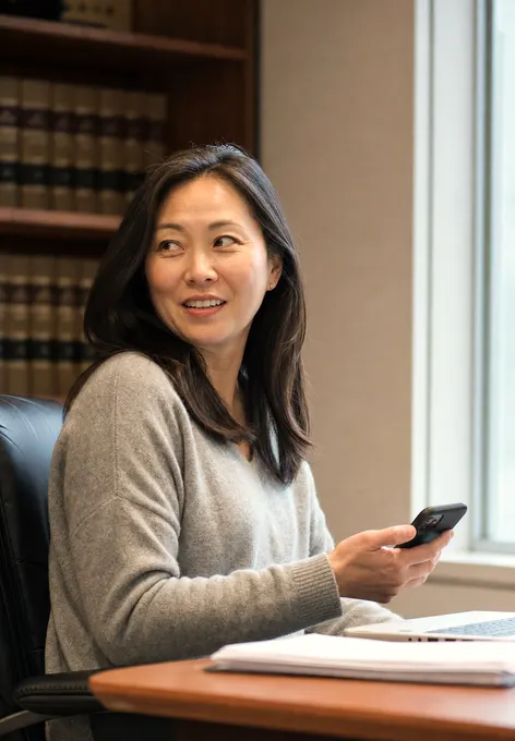 A billing manager at her desk turning toward a colleague with an amused expression, phone in hand