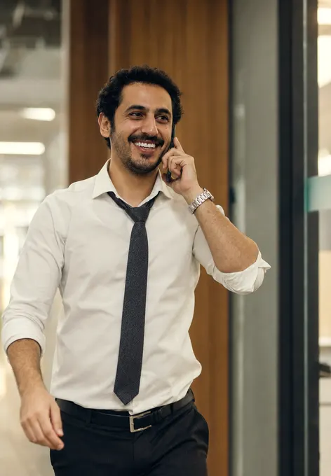 An associate walking a firm corridor, phone at his shoulder, grinning at the call