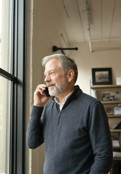 A small-business owner at his office window, mid-call and half-smiling