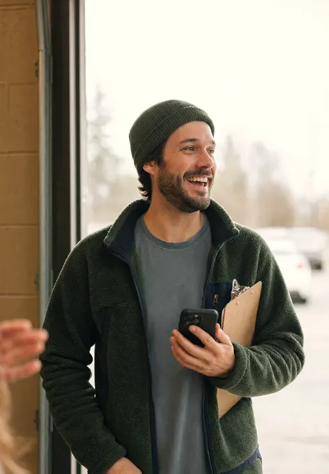 A volunteer coordinator in a community-hall doorway with a clipboard and phone, laughing at something off frame