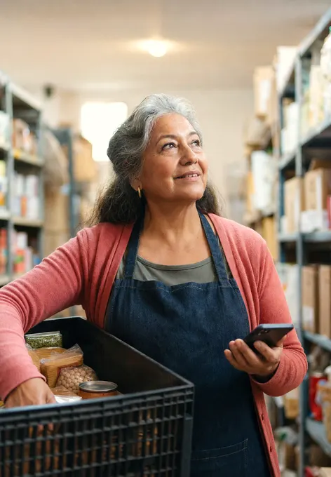 A pantry lead between food shelves holding a crate, phone in her other hand, looking up warmly