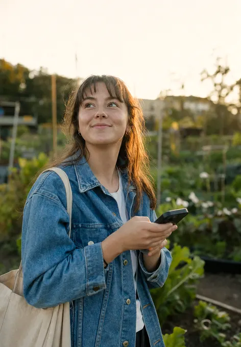 A young woman in a community garden in late light, phone in hand, looking up with a small smile